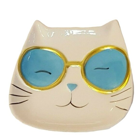 Unbranded Other - Cool Cat Trinket Jewelry Tray Nightstand Dish Plate Ceramic White Sunglasses